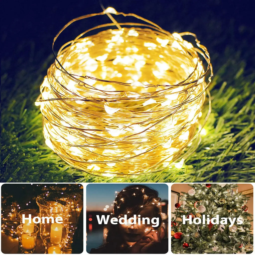 Luz solar ao ar livre da corda led guirlanda de fadas 8 modo jardim quintal festa decoração natal lâmpada fio cobre