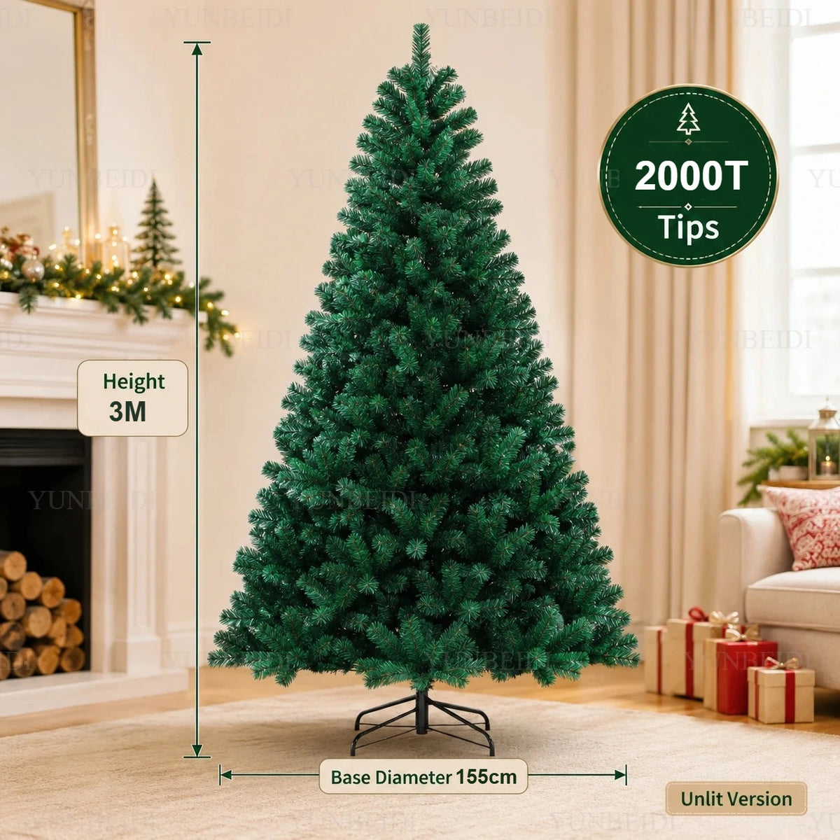 Árvore de Natal Artificial Grande em PVC com Luzes LED, de 120cm a 300cm, Decoração para Festa de Natal e Ano Novo em Família