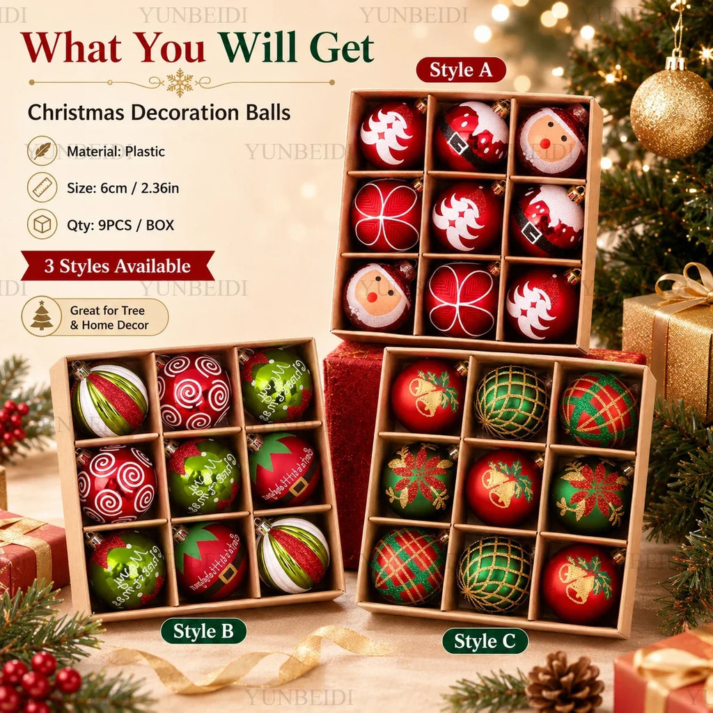 Enfeites de Bolas de Natal 9PCS 6cm Conjunto de Bolas de Plástico DIY Decorações para Pendurar na Árvore Vermelho Verde para Decoração de Natal em Casa e Festas