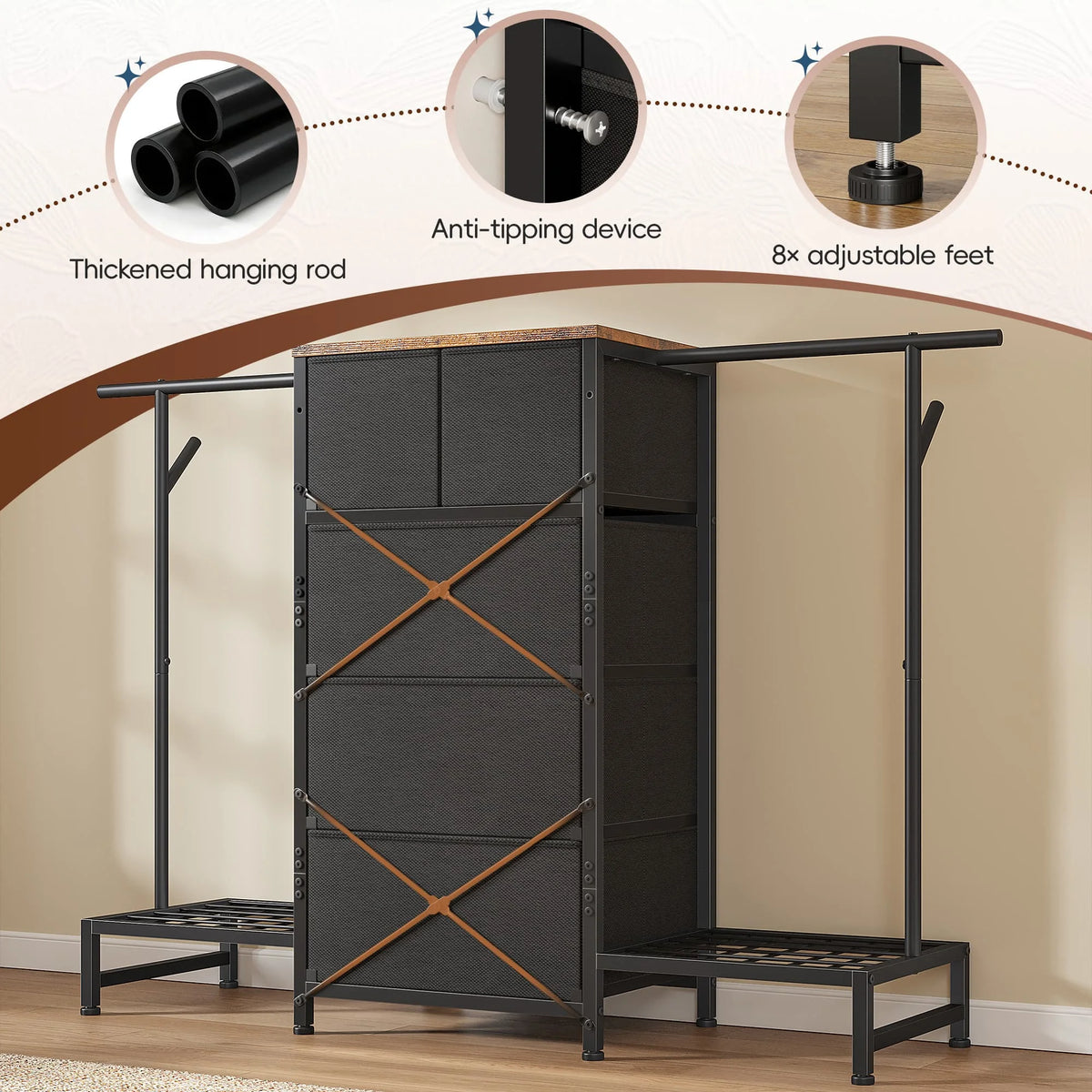 Cômoda e Cabideiro 3 em 1 – 147 cm de Largura com 5 Gavetas e Sapateira, Ganchos Laterais para Armazenamento no Quarto e Closet