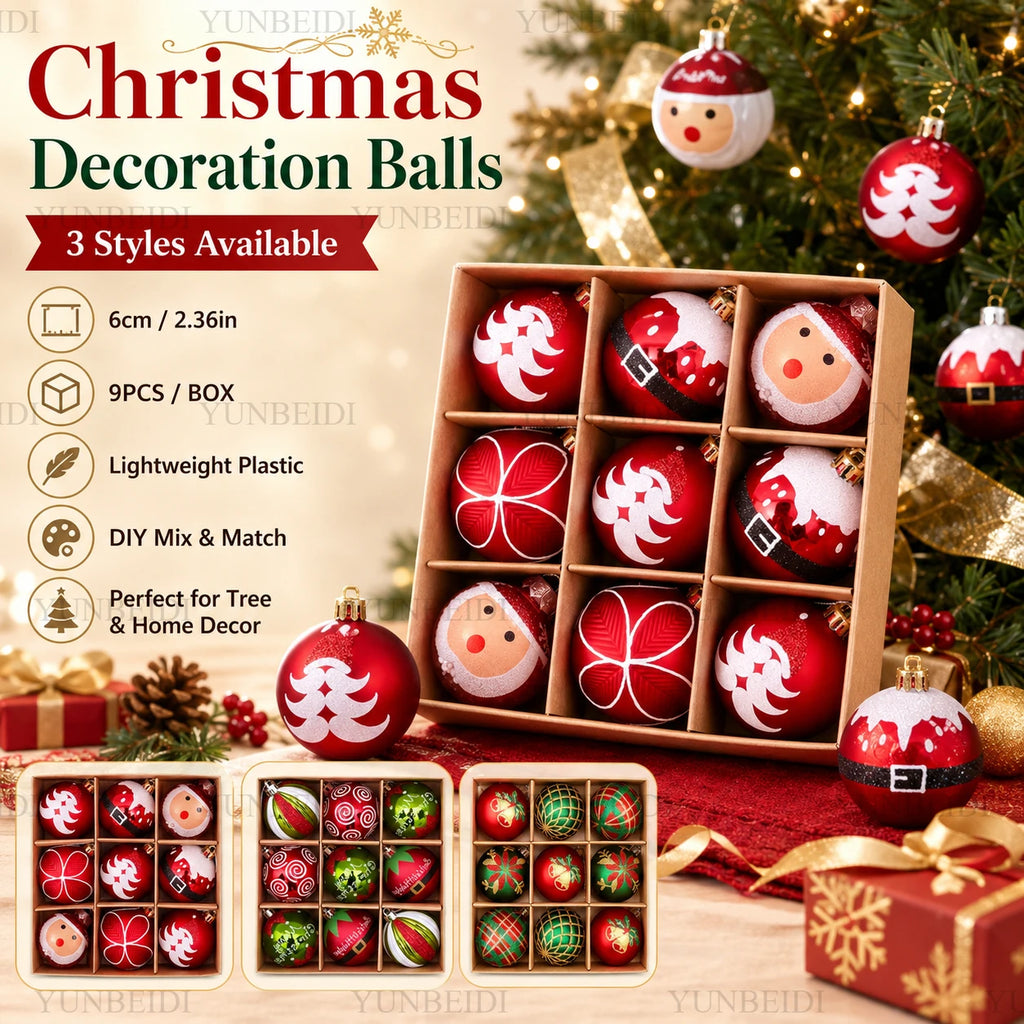 Enfeites de Bolas de Natal 9PCS 6cm Conjunto de Bolas de Plástico DIY Decorações para Pendurar na Árvore Vermelho Verde para Decoração de Natal em Casa e Festas