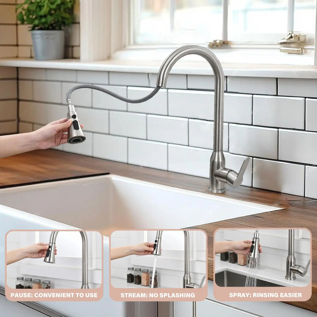 High Arc Single Handle Stainless Steel Brushed Nickel Kitchen Faucet with Pull Down Sprayer