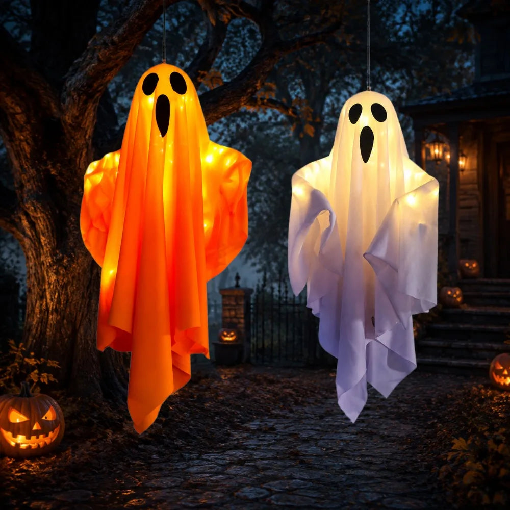 Fantasma Luminoso de Halloween Laranja ou Branco, Decoração de Fantasma em Tecido com Luzes LED para Varanda, Quintal e Decoração de Casa Assombrada