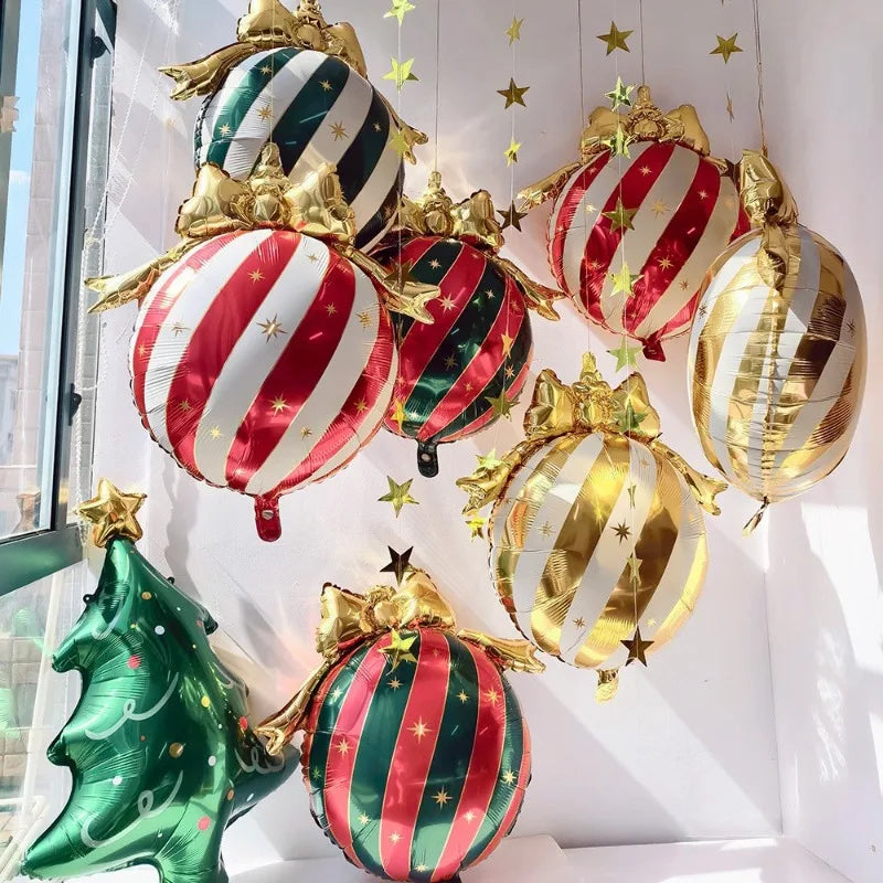 Balão Metalizado de Natal em Forma de Bola, Balões Estrela Listrados, Laço Dourado, Decoração para Pendurar na Árvore de Natal, Balões de Feliz Natal