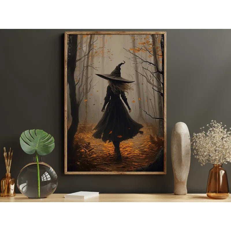 Pôster de Decoração de Parede de Halloween: Bruxa Sombria no Bosque com Flores - Impressão em Tela Sem Moldura para Decoração Festiva de Casa - Kasa & Pet