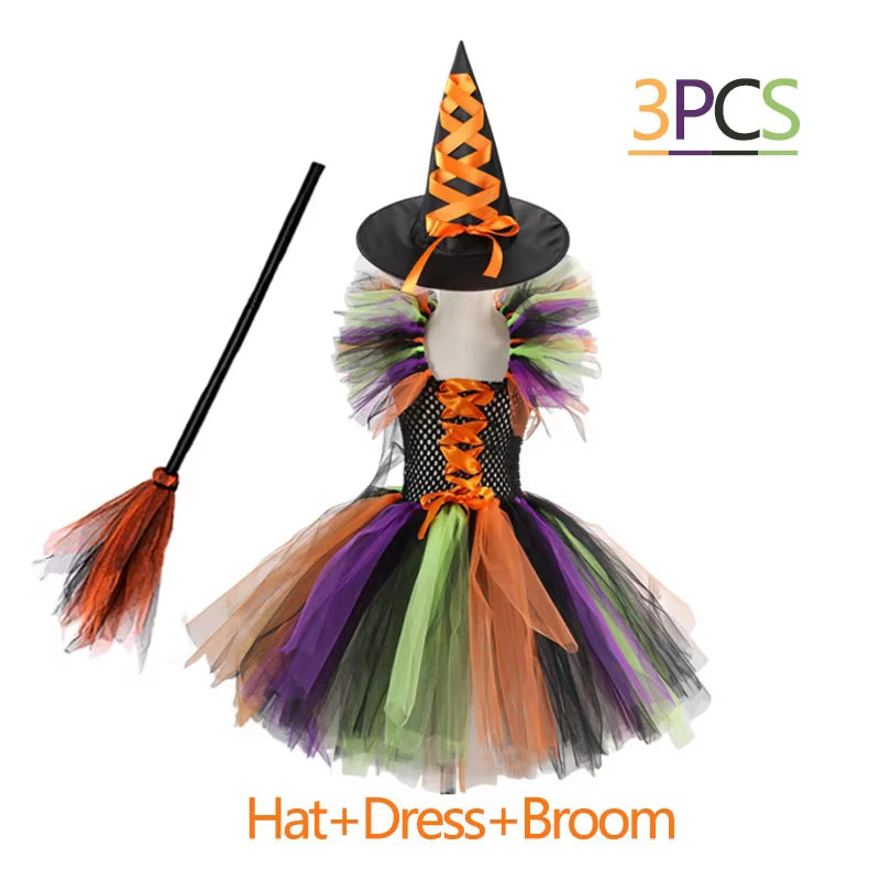 Fantasia de Bruxa para Meninas, Vestido de Tule em 3 Cores com Chapéu Pontudo, Fantasia de Carnaval para Crianças