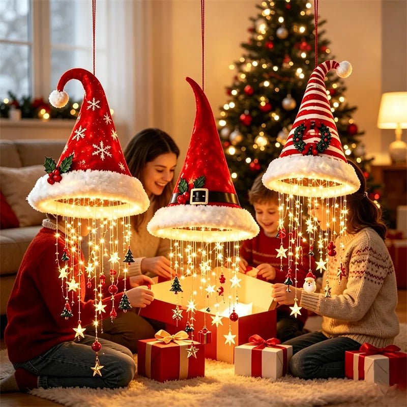 Luz de Natal LED em Forma de Chapéu de Papai Noel, Luzes de Cordão Brilhantes e Quentes, Decoração de Natal para Casa, Escada e Festa.