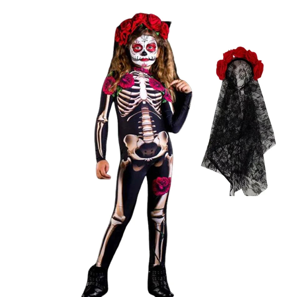 2025 meninas rosa esqueleto crianças assustador traje halloween cosplay fantasma noiva macacão carnaval festa crianças macacão roupas