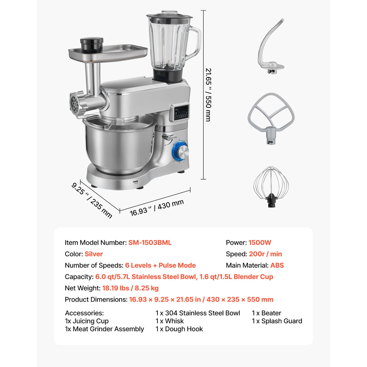 Batedeira Elétrica SucceBuy 5.7/6/7.8L, 1500W, Misturador de Massa, 6+ Velocidades, Batedeira com Cabeça Inclinável e Copo de Liquidificador de 1.5L