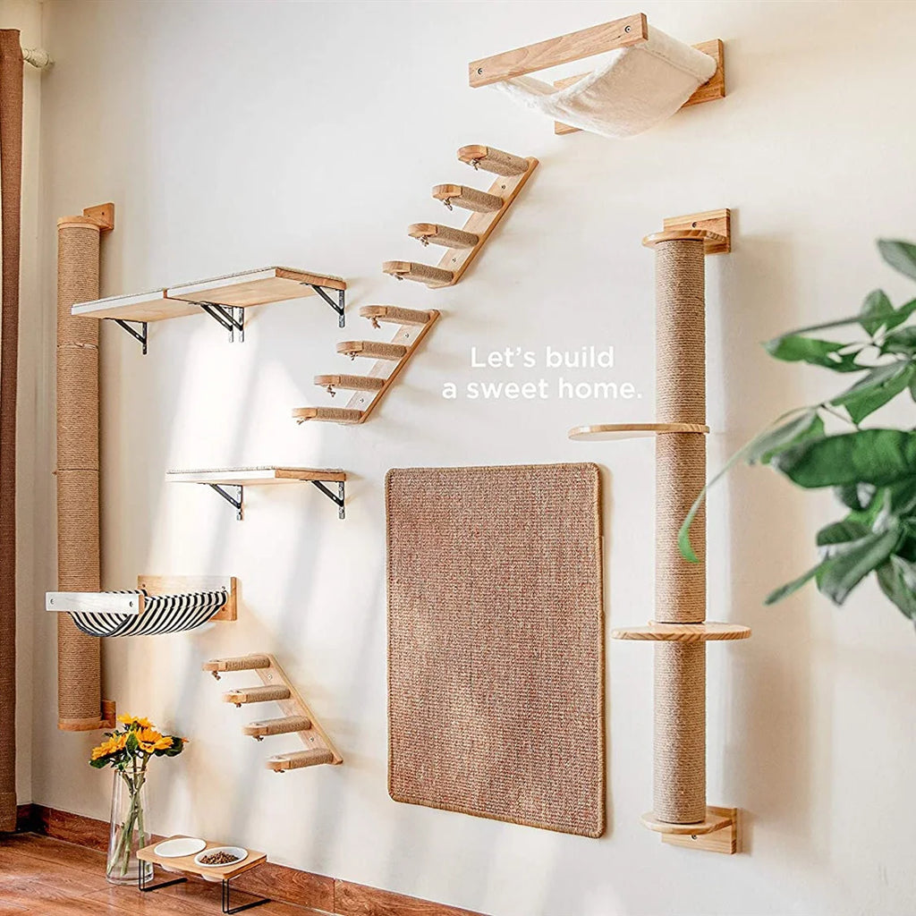 1pcCat Coçar Escalada Post Wall-montado Cat Hammock Bed Pet Móveis Kitten Wall Shelf Set Cat Perch Madeira Cat Tree House