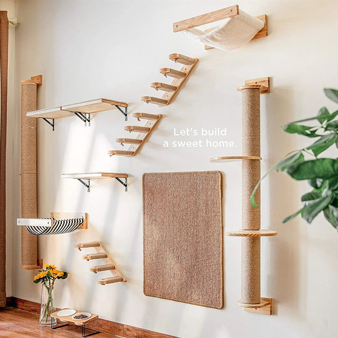 1pcCat Coçar Escalada Post Wall-montado Cat Hammock Bed Pet Móveis Kitten Wall Shelf Set Cat Perch Madeira Cat Tree House