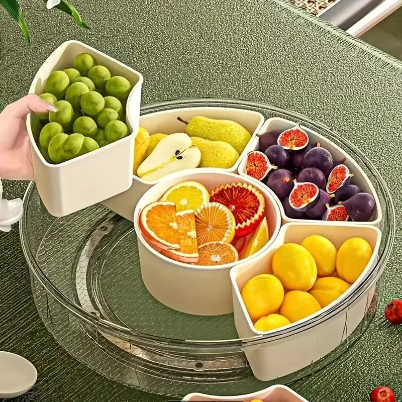 Bandeja giratória para petiscos, com alça e tampa, organizador transparente com compartimentos para guardar frutas, legumes e petiscos para festas.