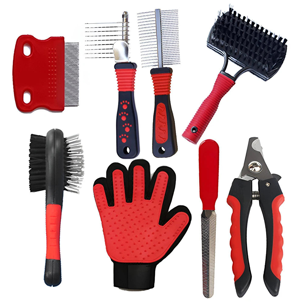 Pet Conjunto De Limpeza De Cerdas, Cães e Gatos Slicker Brush, Nail Clipper File, Depilação, Luvas, Flea Combs