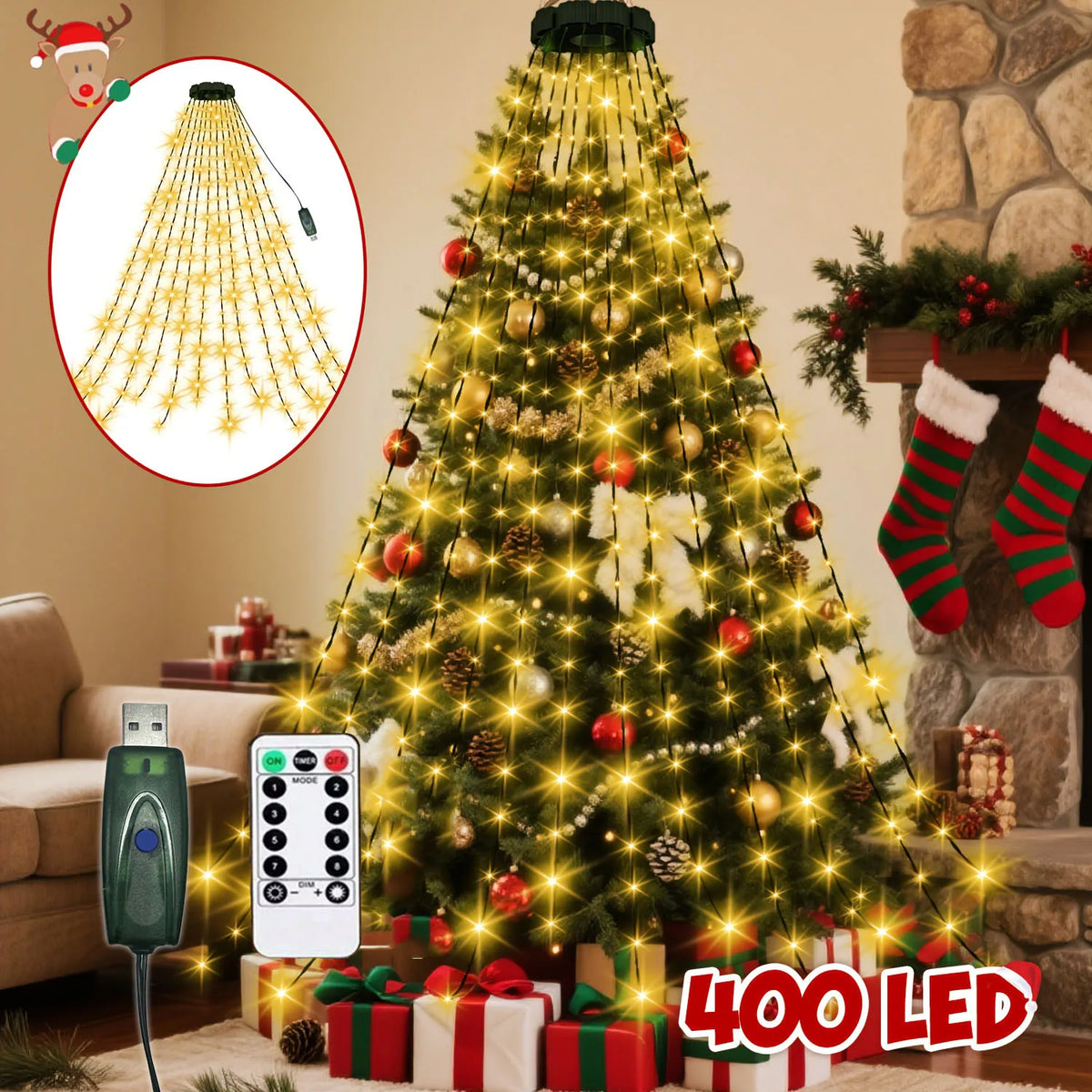 400 led 2m árvore de natal cachoeira luz alimentada por usb com controle remoto 8 modos de iluminação para jardim terraço casa decoração de natal