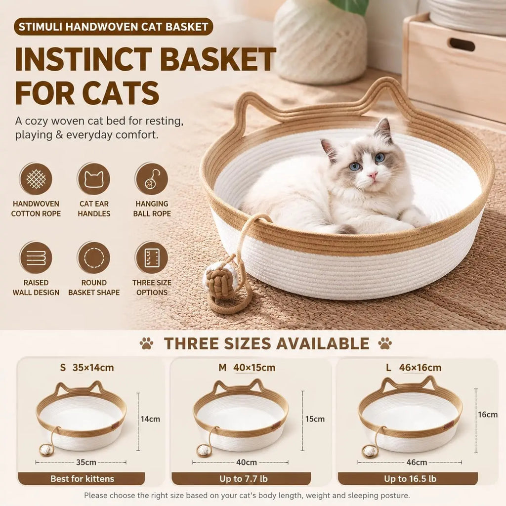 Cesto Cat Instinct - Cama Divertida de Corda de Algodão Tecida à Mão, Equipada com uma Cauda de Brinquedo