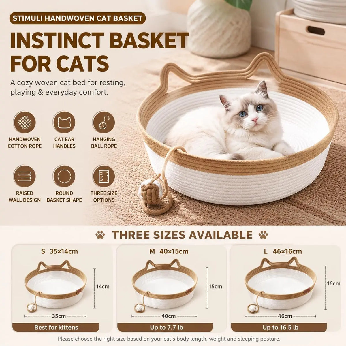 Cesto Cat Instinct - Cama Divertida de Corda de Algodão Tecida à Mão, Equipada com uma Cauda de Brinquedo