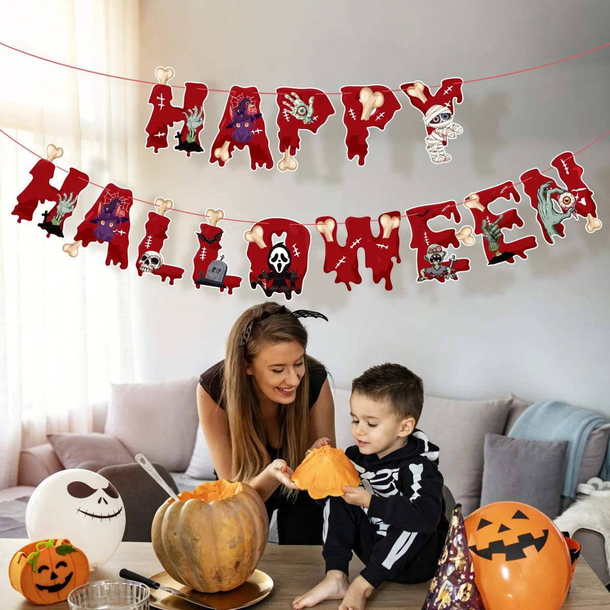 Decorações de Teto para o Halloween: Esqueletos, Múmias, Impressões de Mãos Ensanguentadas, Guirlandas de Morcegos. Decoração de Halloween para Crianças