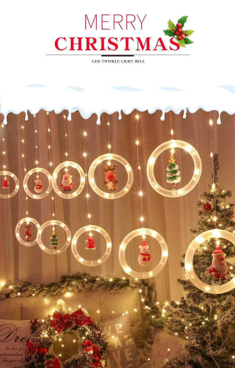LED Christmas String Lights for Room Decoration, Guirlanda Cortina Lâmpada, Plug USB, Estrela, Papai Noel, Quarto, Sala de estar, Janela