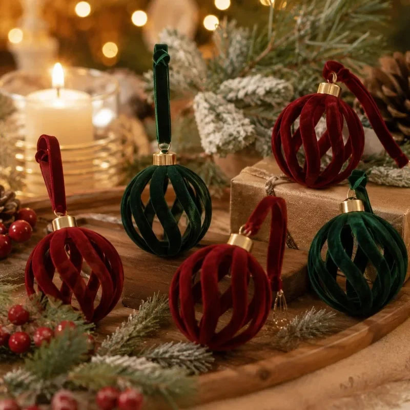 Bolas de Natal de veludo, 6 cm, vermelhas e verdes, com acabamento aveludado, enfeites para árvore de Natal.
