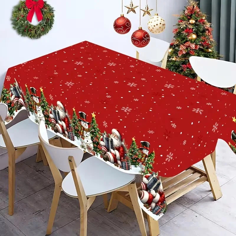 Toalha de Mesa de Natal: Decoração Clássica de Inverno com Estampa de Papai Noel, Floco de Neve e Pinhas – Suprimentos para Cenário Festivo