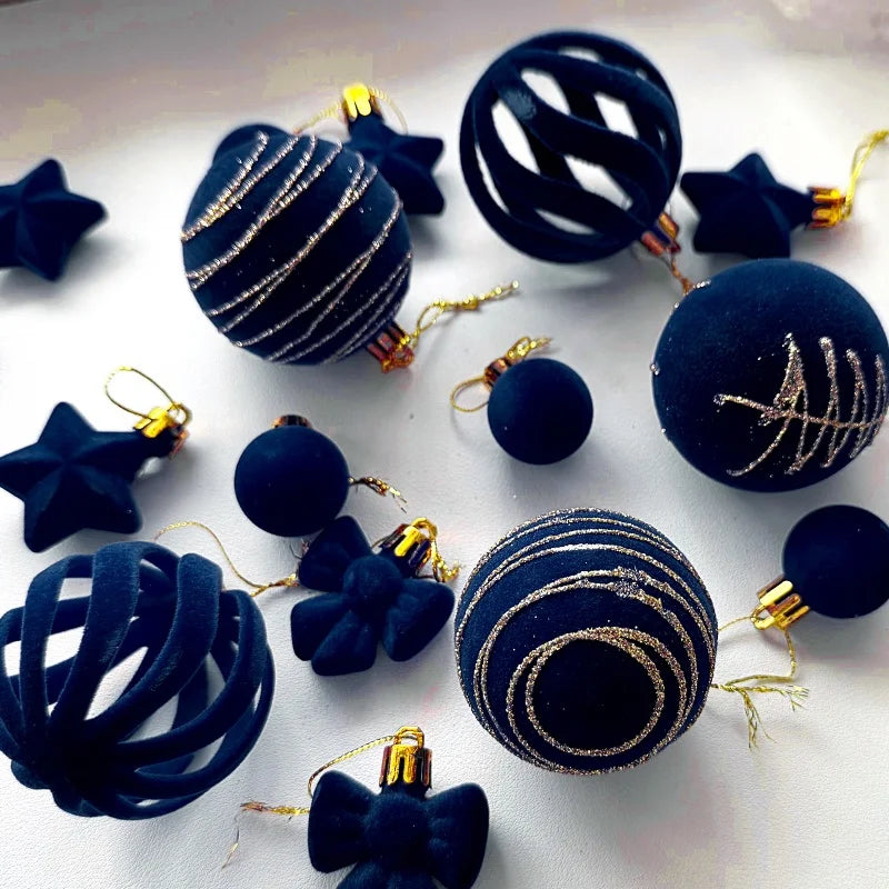 Conjunto de 35 bolas de Natal, enfeites para pendurar na árvore de Natal, veludo azul royal, formatos variados, decoração para festas de fim de ano.