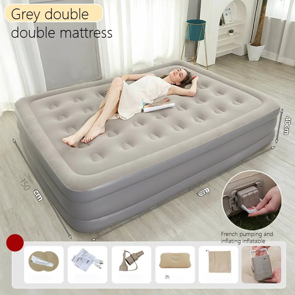 Colchão inflável para 2 pessoas, acampamento, dobrável, casa, interior, exterior, almofada de ar, 48cm de altura, preguiçoso, colocação, macio, amigável à pele