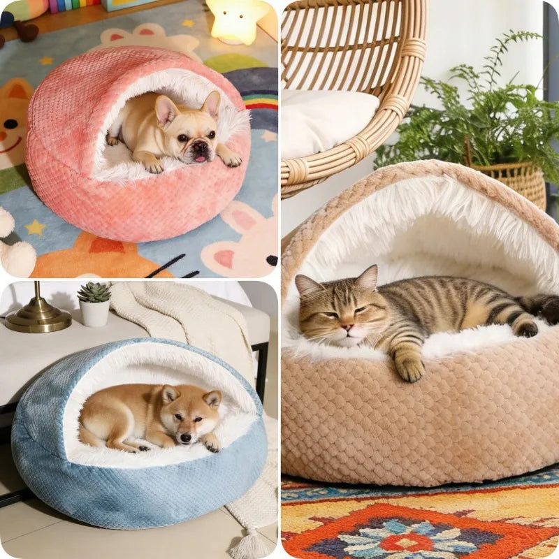 Cama para Animais de Estimação 2 em 1 de Pelúcia Macia 50CM com Capa, Cama Redonda para Gatos, Colchão para Filhotes, Ninho Quente para Cães e Gatos