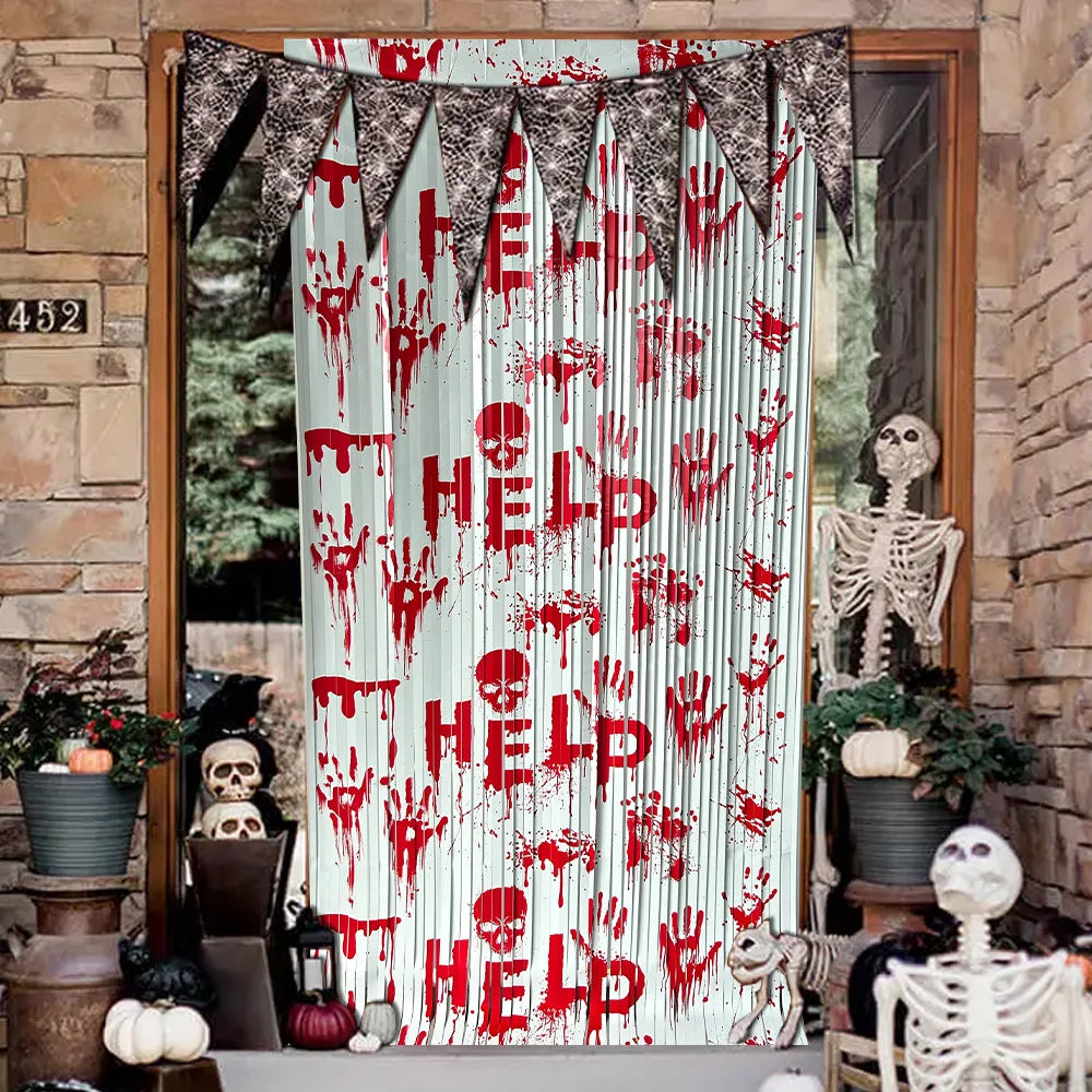 Cortina de Franjas Metalizadas de Halloween, Guirlanda de Enfeites, Painel de Fundo para Fotos com Estampas de Abóbora, Fantasma, Morcego e Boo, Decorações Suspensas para Portas e Paredes de Festa de Halloween