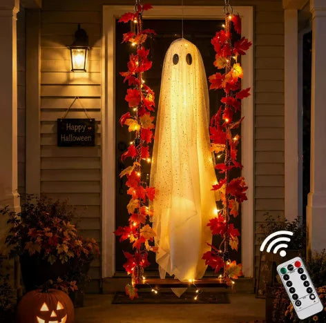 Decorações de Halloween para Exterior, Fantasmas Luminosos Pendurados com Luzes de Cordão, Ornamento de Fantasma Brilhante para Jardim