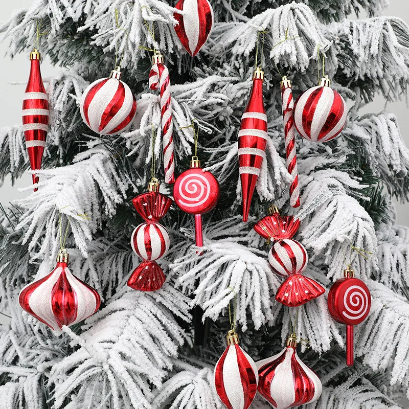 14 pçs/caixa natal doce cana bola vermelha ornamentos árvore de natal pendurado pingentes navidad ano novo decorações para casa 2024 presente natal