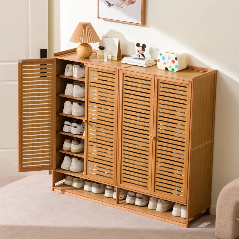 Armário de Sapatos de Bambu com Porta de Persiana, Armário de Armazenamento Multicamadas para Sala de Estar, Armário de Jantar, Armário de Utensílios de Cozinha