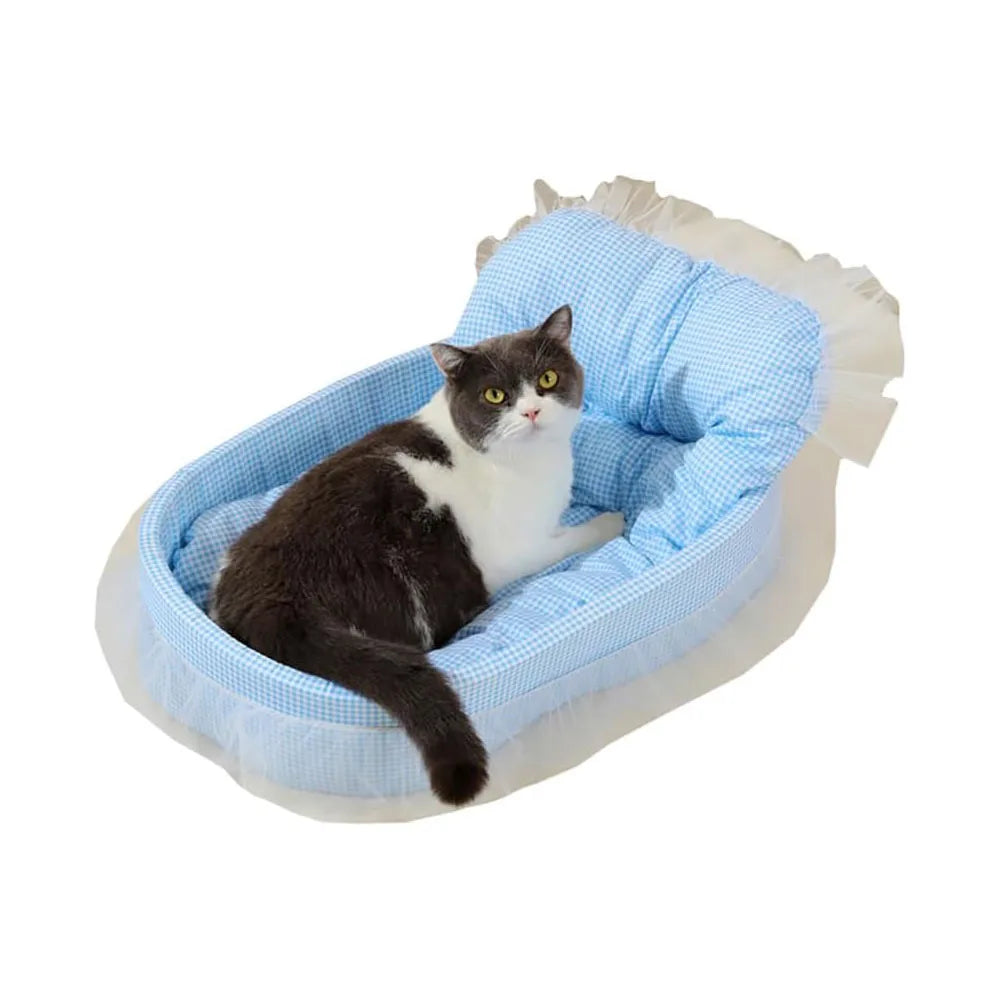 Cama Sofá Princesa para Gatos com Renda, Lavável e Removível, de Pelúcia Macia Oval para Cães/Gatos Pequenos, para Todas as Estações