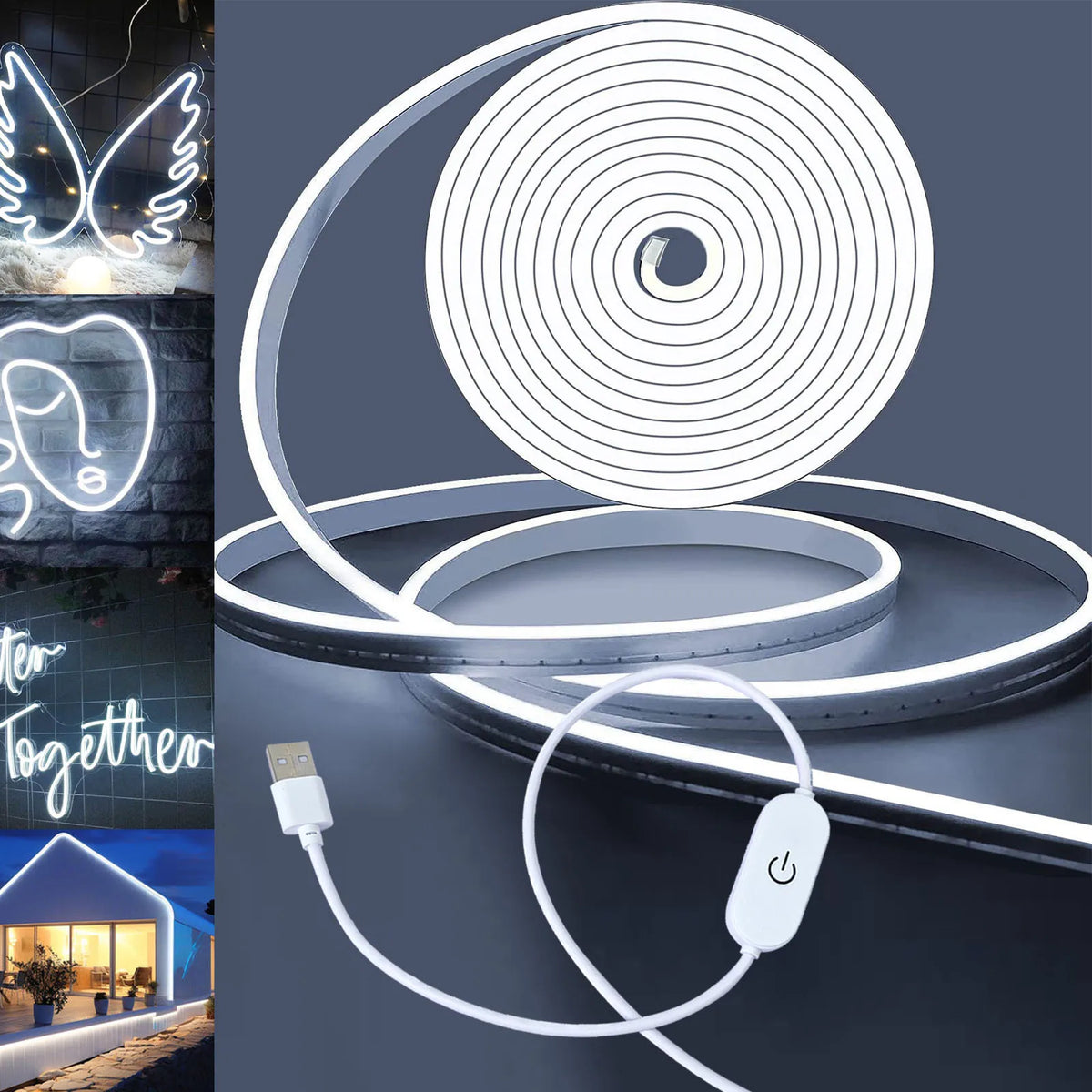 Fita de LED Neon USB DC 5V com Sensor de Toque Regulável, Fita de Silicone Flexível à Prova d'Água para Decoração de Ambientes Externos