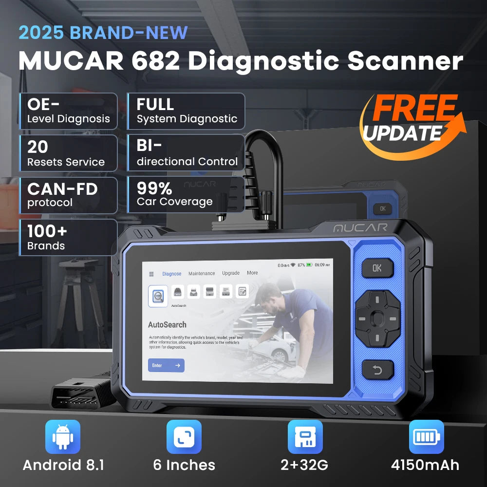MUCAR 682 Ferramenta de Diagnóstico Automotivo Assistida por IA CANFD Codificação Bidirecional de ECU 20 Funções de Redefinição Diagnóstico Completo do Sistema Scanner OBD2 Vitalício Grátis