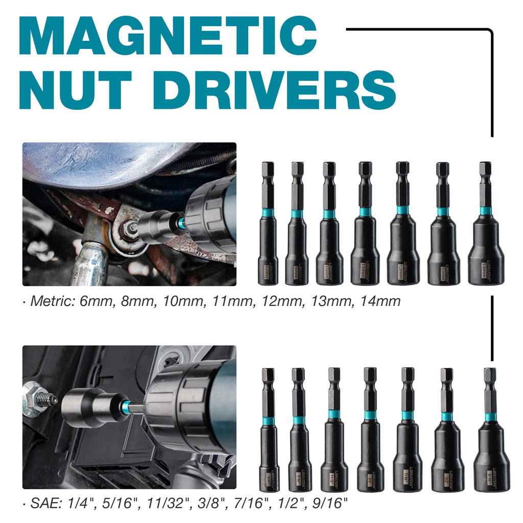 Libraton 23 pçs conjunto de driver de porca magnética conjunto de broca de impacto métrico sae porca driver impacto soquete adaptadores bit titular