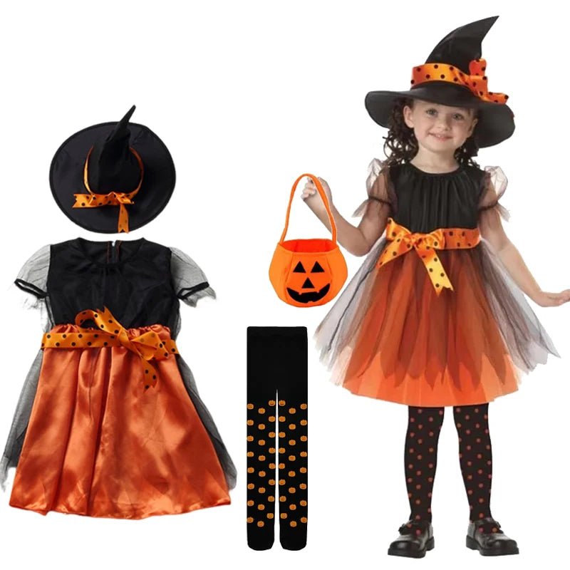 Fantasia de Halloween para Meninas 2026, Conjunto de Vestido de Bruxa com Chapéu e Bolsa