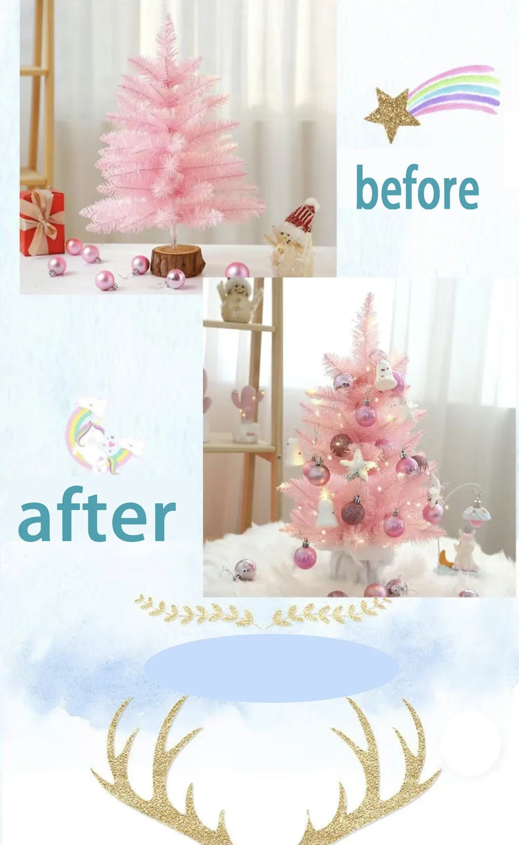 Árvore de Natal artificial, verde e rosa, modelo clássico, com suporte de plástico, acessórios de decoração natalina, presente.