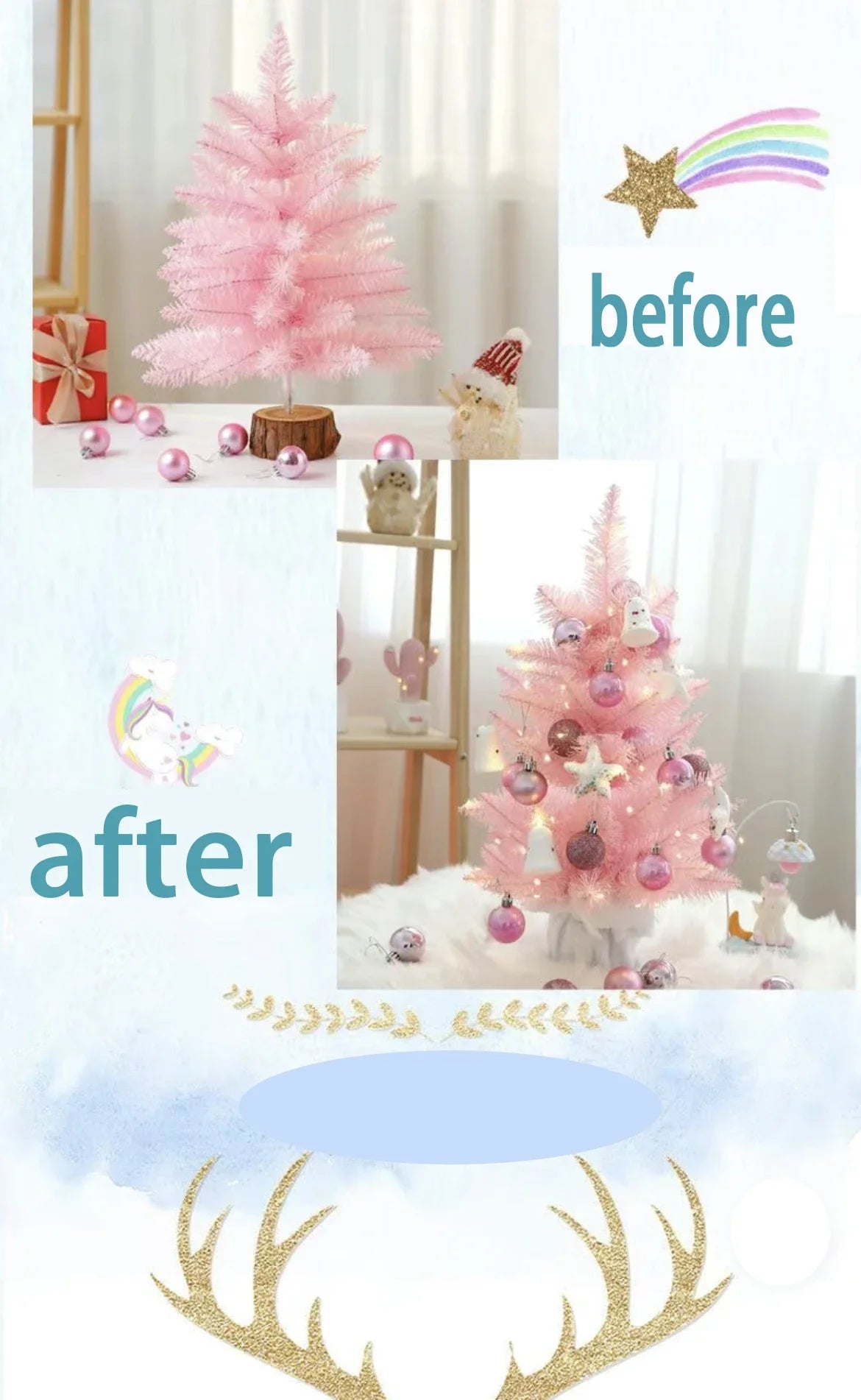 Árvore de Natal artificial, verde e rosa, modelo clássico, com suporte de plástico, acessórios de decoração natalina, presente.