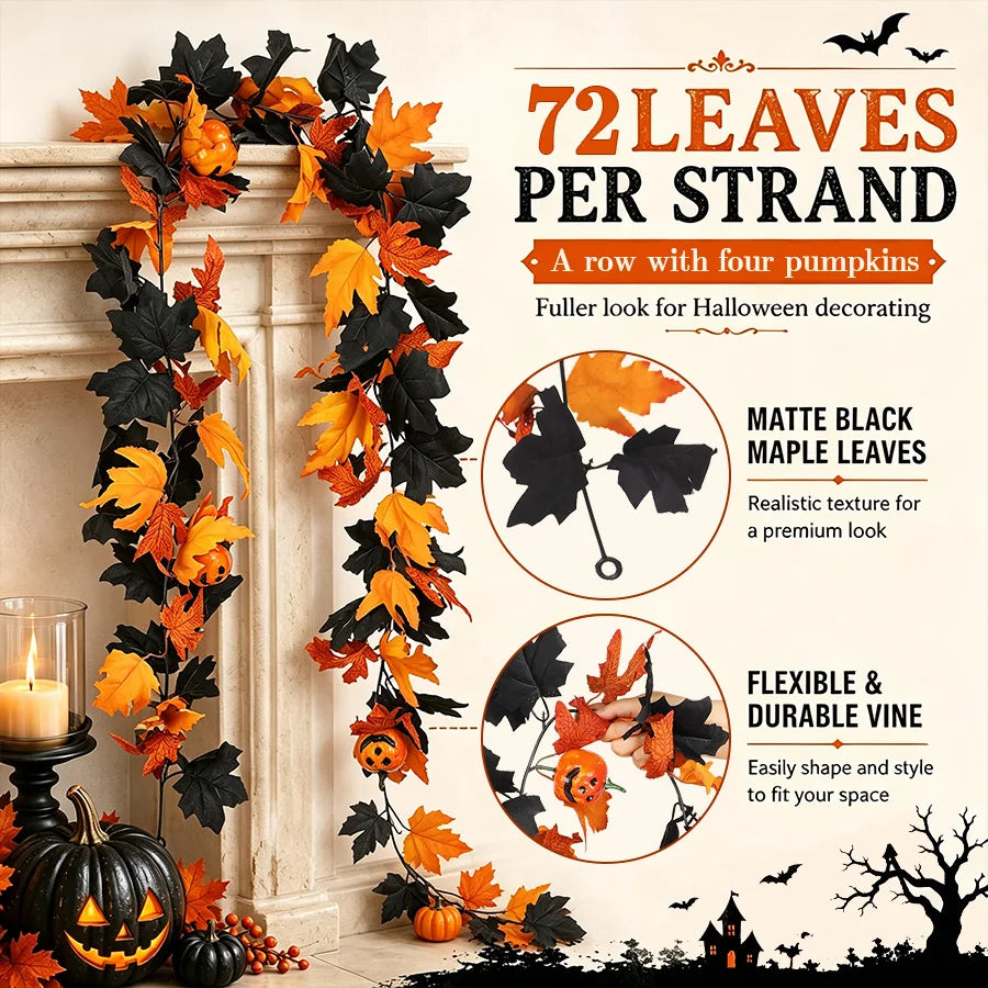 Decorações de Guirlanda de Halloween com Folhas Pretas e Abóboras 3D para o Festival de Ação de Graças e Decoração de Lareira