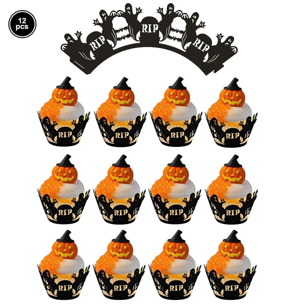 Halloween cupcake toppers assustador fantasma crânio abóbora bolo festa decoração aranha web cupcake envoltório festa de halloween decoração suprimentos - Kasa & Pet