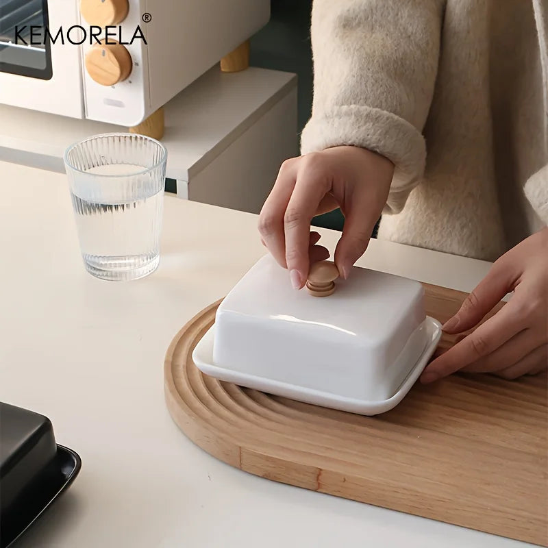 Prato de Manteiga de Cerâmica com Tampa, Caixa Retangular Selável para Armazenamento de Queijo, Elegante e de Alta Qualidade para Cozinha e Restaurante