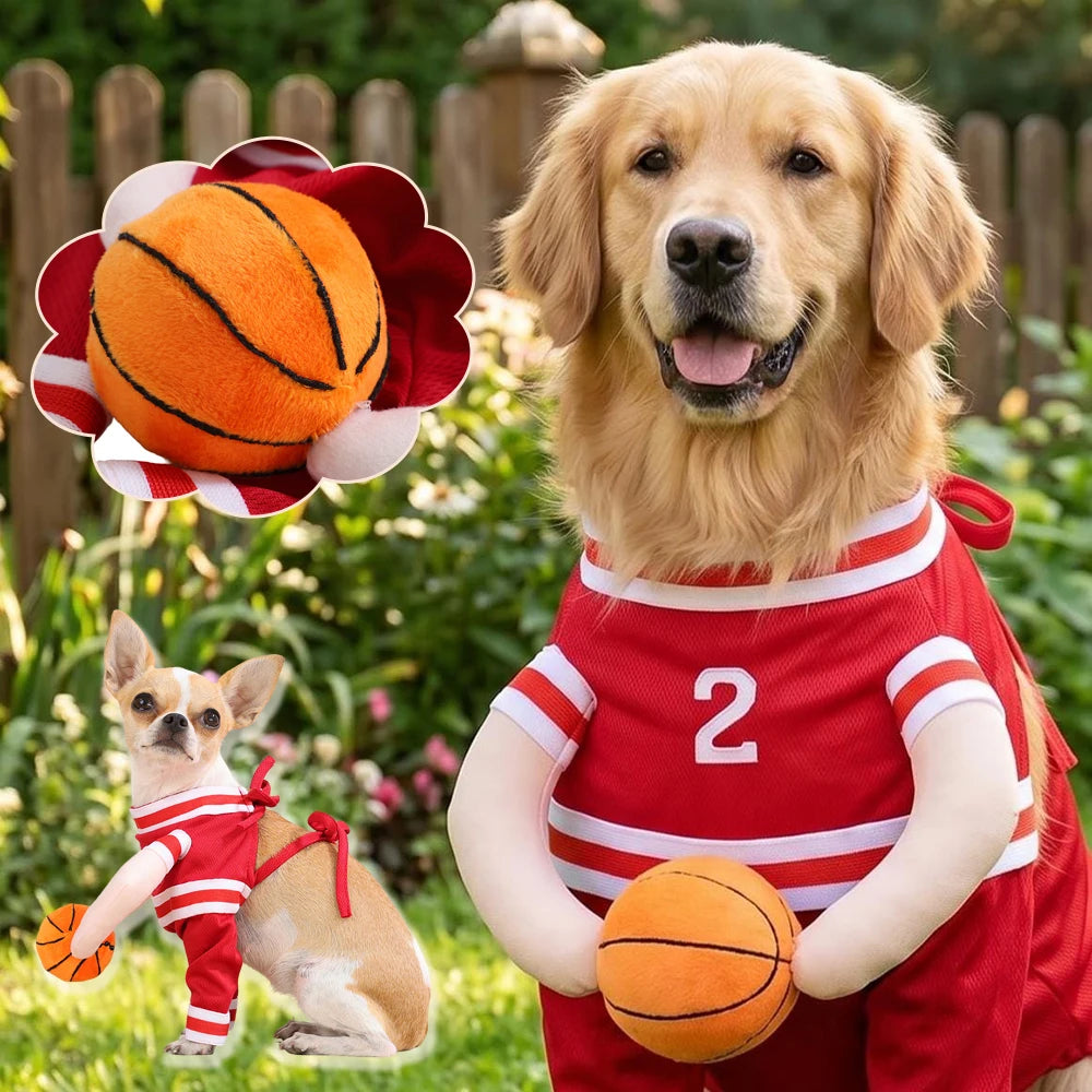 Fantasia de Basquete para Pets de Halloween com Bola 3D, Roupa Divertida de Cosplay Esportivo para Cães Pequenos e Médios, Vestuário para Pug, Sessões de Fotos e Brincadeiras