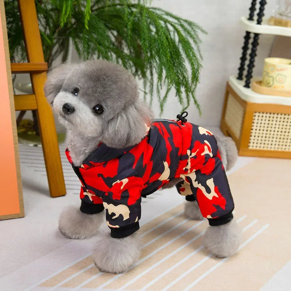 Casaco de cachorro quente espessado, 4 pernas, camuflagem, roupas para Yorkies malteses, snowsuit, cães pequenos, casacos de gato, buldogue Onesies, inverno