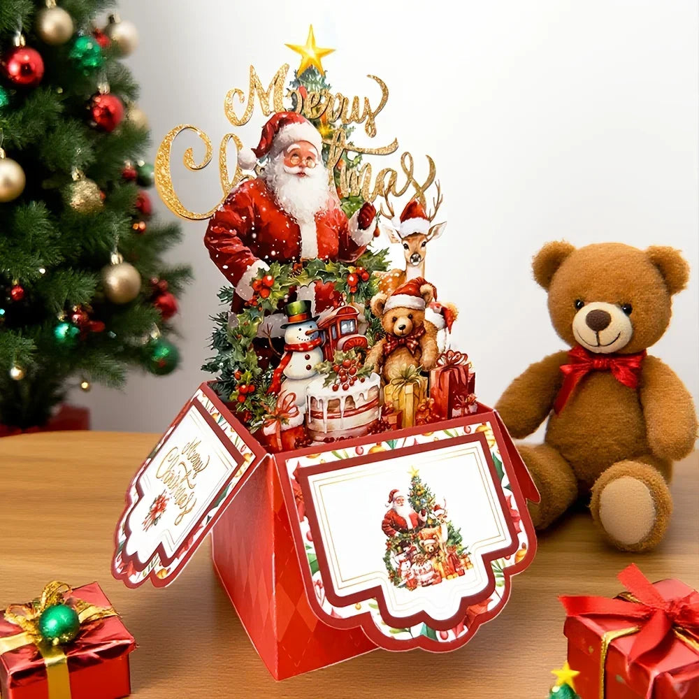 Cartões de Natal com Tema de Árvore de Natal, Papai Noel e Rena, Cartão Pop-Up 3D com Envelope, Suprimentos de Decoração para Festas de Fim de Ano, 1 unidade
