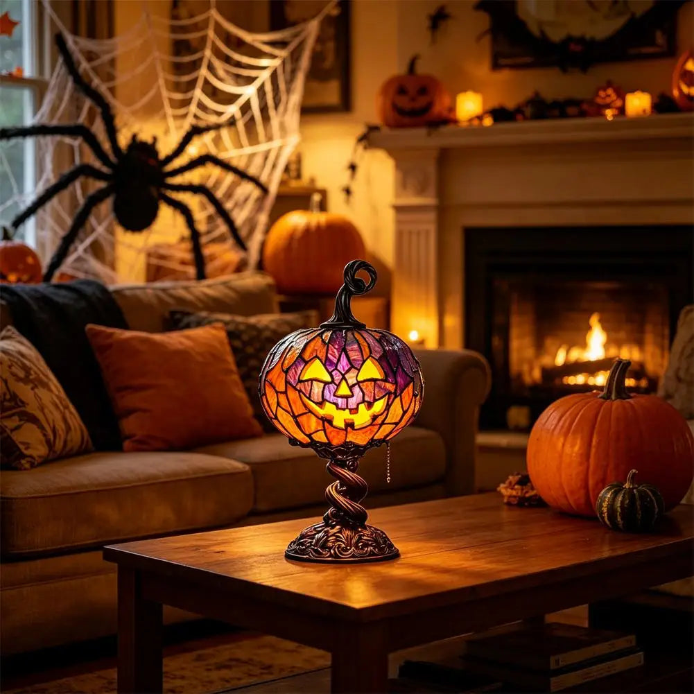 Luminária de Mesa de Abóbora Alta para Halloween com Fantasma e Morcego Brilhantes, Artesanato em Resina, Luminária Criativa para Decoração de Casa