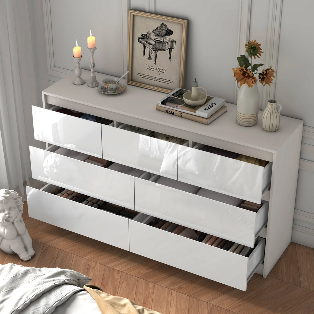 Armário de 7 gavetas com gavetas de alto brilho, grande peito de madeira, branco e preto, 55 "cômoda moderna para o quarto