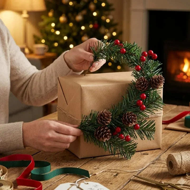 Guirlanda de Natal com Pinhas e Frutas Vermelhas, Árvore de Natal Artificial, Guirlanda de Galhos de Pinheiro, Decoração para Festas em Casa