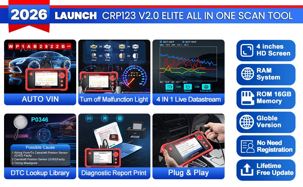 2026 NOVO LANÇAMENTO X431 CRP123 V2.0 Scanner Automotivo OBD2 para Diagnóstico de Motor/ABS/SRS/Transmissão, Ferramenta de Análise com 3 Funções de Redefinição