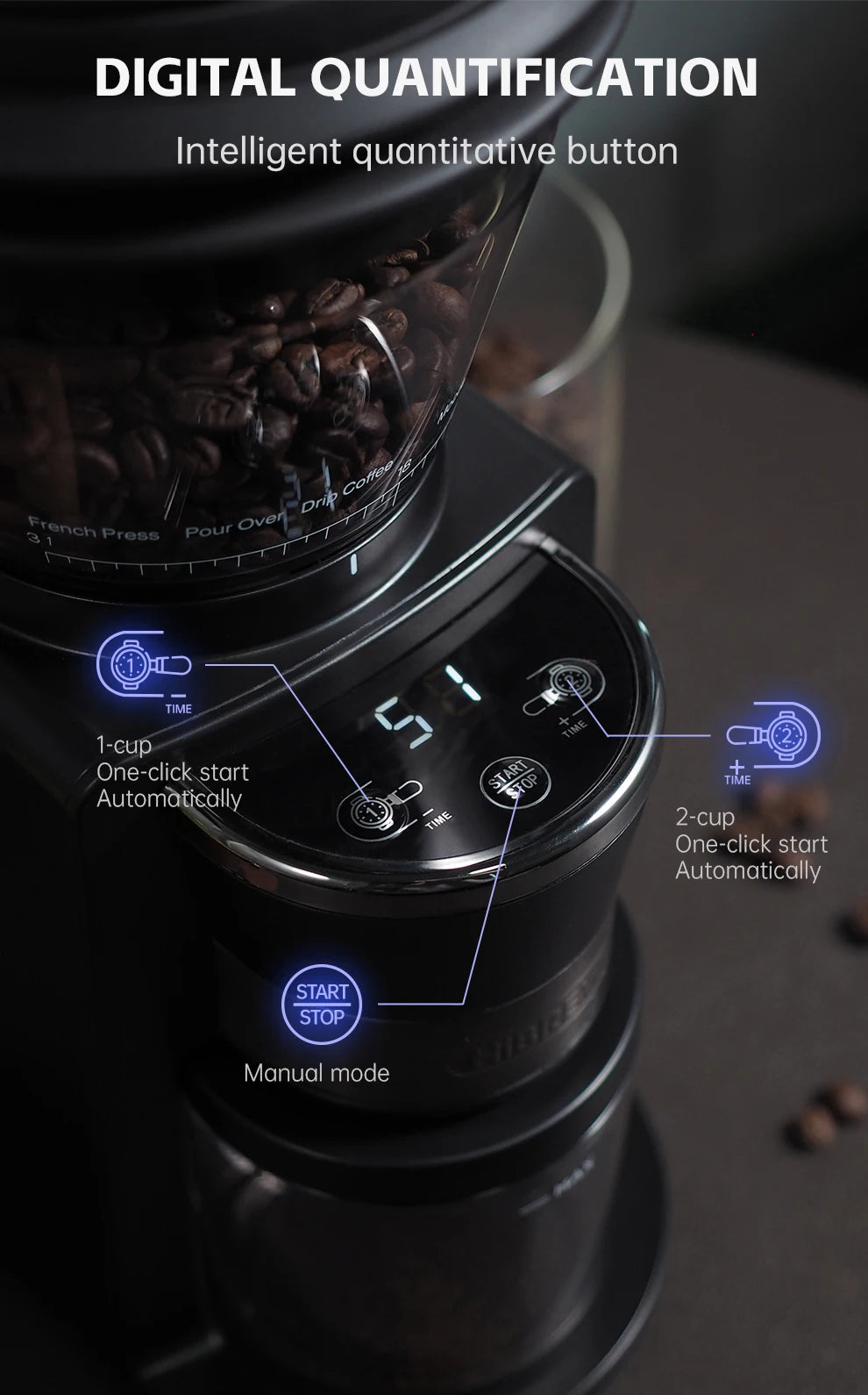 Hibrew moinho de rebarbas automático moedor de café elétrico com 34 engrenagens para café expresso americano despeje sobre armazenamento visual de feijão g3