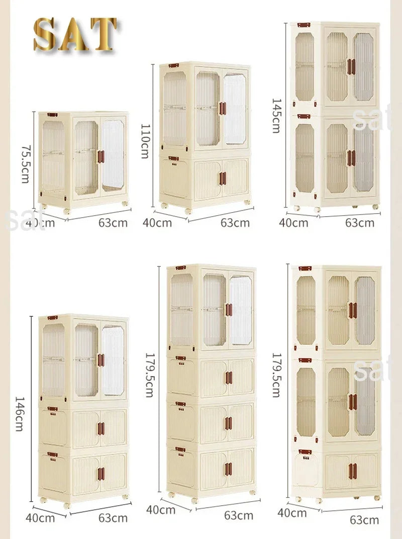 -Armário de armazenamento dobrável multicamadas com rodas, porta dupla, guarda-roupa, transparente, grande capacidade, organizador, prateleira